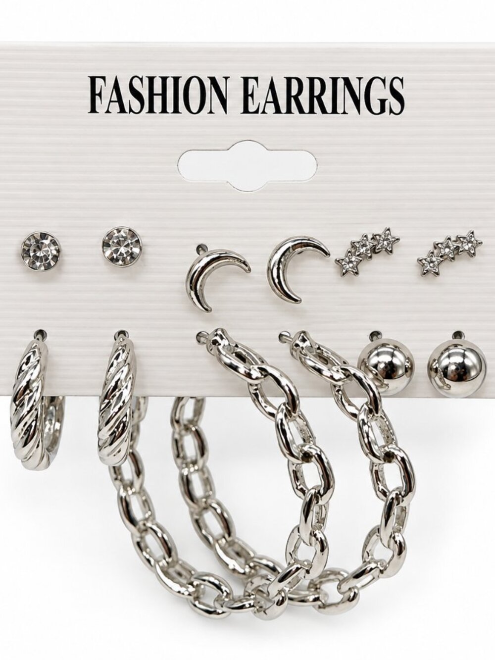 NWT Silver Tone Fashion Earrings 7 Pair Set Hoops Stars Moons Studs